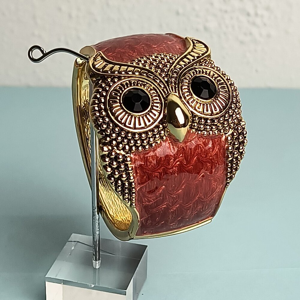 Y2K Chunky Epoxy Enamel Owl Hinged Cuff Clamper Bracelet Red Marron Old …